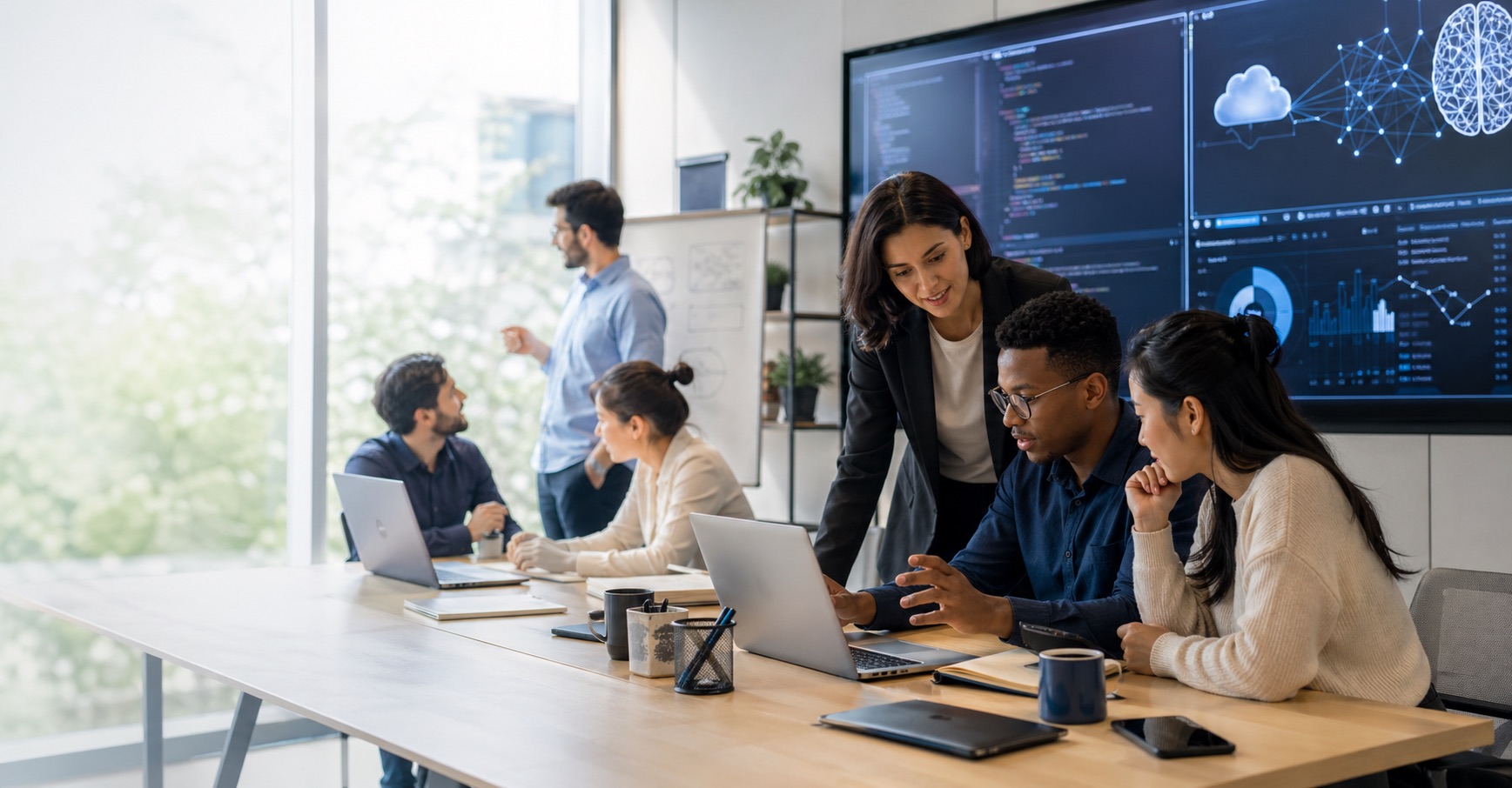 Professionals collaborating in a modern AI training workshop